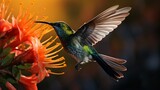 Fototapeta  - A sunbird hovering near a nectar-rich flower, tail feathers vibrant.