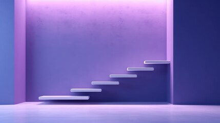 Wall Mural - Close up beautiful futuristic background for presentation, minimalistic purple blue empty wall and modern light floor with beautiful lighting and ladder, 