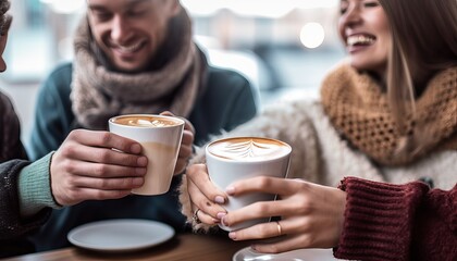 happy friends having breakfast together at cafe bar , group of young people drinking coffee and fres