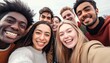 © Malynka - Big group of friends taking selfie picture smiling at camera , Laughing young people celebrating standing outside and having fun , Portrait photography of teens guys and girls enjoying vacation