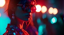 A woman with stylish sunglasses and an earring, set against a background of vibrant bokeh lights. The concept is modern fashion