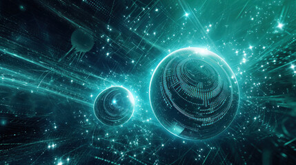 Quantum computing concept illustration of qubit entanglement. Two force field as sphere connected together by a stream of energy and data. Quantum computer background. Cyber security future