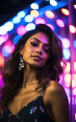 Wall Mural - photo realistic photo shoot of an elegant young indian model, immersed in a vibrant party mood withi