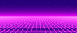 © vika_k - Neon wireframe horizon background. Light pink grid room floor in perspective. Glow magenta retro futuristic wallpaper. Abstract checkered plane landscape. Neon game floor surface. Vector backdrop