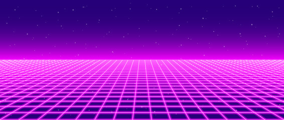 Neon wireframe horizon background. Light pink grid room floor in perspective. Glow magenta retro futuristic wallpaper. Abstract checkered plane landscape. Neon game floor surface. Vector backdrop