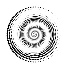Poster - Dotted spiral lines element. Radial helix halftone form. Circle swirl dots shape. Spinning geometric wheel for poster, banner, logo, icon, collage, presentation, booklet. Vector optical art