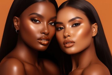 Wall Mural - rich melanin dark-skinned women with different hair types, long eyelash extensions, brown oily shiny