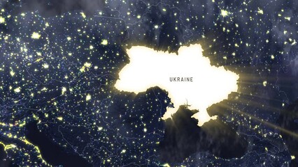 Wall Mural - Night Earth view from space with a highlighted map of Ukraine in silhouette. The camera smoothly moves from Western Europe to Eastern Europe, showcasing the geography with a title overlay.
