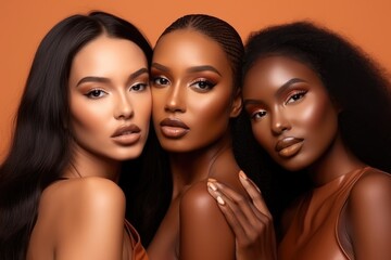 Wall Mural - rich melanin dark-skinned women with different hair types, long eyelash extensions, brown oily shiny