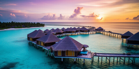 Tropical beach panorama view, Bungalows stay in Sea, coastline with palms, Tropical seascape with Bungalows, turquoise sea and white sand. Background of summer beach.