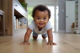 Fototapeta  - Toddler Crawl. Portrait of cute little african American baby toddler crawl make first steps on home wooden floor. Small biracial newborn infant child learn walking play indoors. 