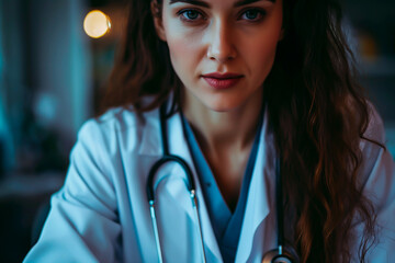 Wall Mural - Young female doctor in clinic, portraying career dedication.
