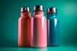 three colorful plastic drinking flasks on pink background. Generative AI