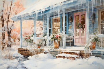 Wall Mural - Snowy Porch Scenes - Generative AI