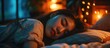 Young Asian woman peacefully sleeping in a cozy bedroom, having sweet dreams and a restful night's sleep.