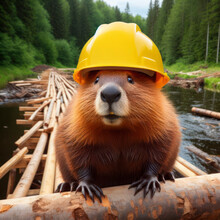 A Beaver In A Yellow Construction Helmet Stands On A Log Wooden Dam. Ai Generative