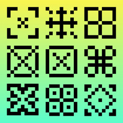 Pixels trend, QR, Cyber futurism style, abstract shapes, Technology 90s. Minimal graphic design, 8 bit, rave, Sequence of QR codes on a gradient background. Green screen. 