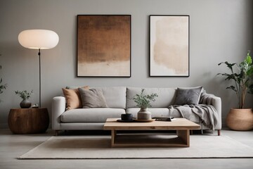 Wall Mural - Wooden square coffee table near white sofa in room with grey wall with art poster. Minimalist elegant home interior design of modern living room.