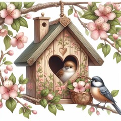 Poster - A birdhouse hangs on a flowering branch. A bird near a birdhouse.