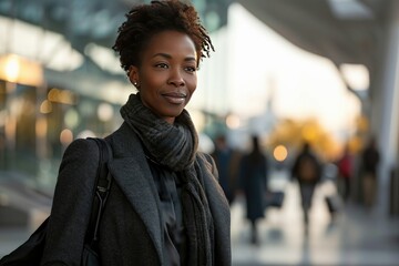 Sticker - photograph of African American female traveler walking with suitcase at airport on vacation