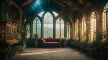 Magic Medieval Greenhouse With Cinematic Lighting With A Big Windows.