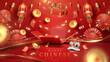 © witsanu - Red luxury background with open gift box and 3d realistic chinese new year ornaments and gold ribbon elements with glitter light effects decorations and bokeh.