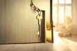 Opening door with golden house key chain on fuzzy interior background, Ai generated image