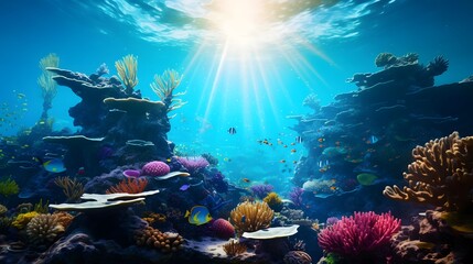 Wall Mural - Underwater panorama of coral reef with fishes and rays of light