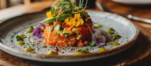 Delicious Salmon Tartare Topped With Avocado And Served With Flowers