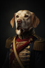 Wall Mural - A portrait of a Labrador Retriever dog wearing historic military uniform. AI generative.