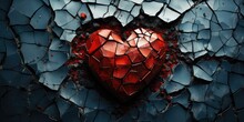 Top View Of A Broken Heart Placed On A Textured Background. The Heart, Fractured Into Pieces, 