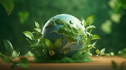 Wall Mural - Earth day concept with 3d globe and leaves background.
