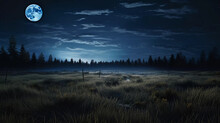 The Breathtaking Nocturnal Scenery Of A Meadow With Distant Trees Accentuated By A Magnificent Full Moon Image Editing And Three Dimensional Illustration Techniques Were Employed 