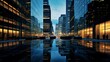 Modern office buildings at night with reflection in water. 3d rendering