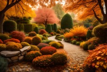 A Peaceful Garden In Fall, With A Variety Of Trees And Shrubs Displaying Their Autumnal Hues, And A Stone Path Winding Through