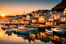 A Quaint Coastal Village At Sunset, With Small Boats Anchored In The Harbor And The Houses Glowing Under The Soft Light