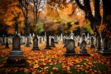 Poster - A peaceful cemetery in autumn, with ancient tombstones surrounded by trees shedding their leaves