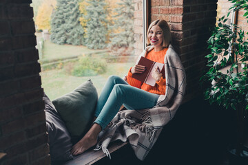 Poster - Full body portrait of cheerful lovely lady sitting window sill covered blanket hands hold opened book enjoy domestic atmosphere indoors