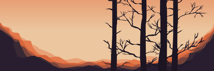 Wall Mural - silhouette of tree branch with sunset landscape vector illustration good for wallpaper, background, banner, backdrop, halloween and design template	