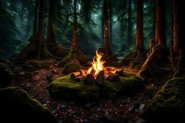 Wall Mural - A rustic campfire ringed by moss-covered rocks in a secluded forest, with fireflies dancing in the dark canopy above