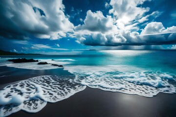 Canvas Print - A beach with unique black sand, contrasting with the vibrant blue of the ocean and a dramatic, cloud-filled sky