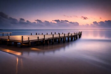Canvas Print - A peaceful beach at twilight, with a wooden pier extending into the water and soft lights illuminating the scene