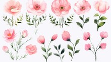  A Set Of Watercolor Pink Flowers With Green Leaves And Buds On A White Background With A Place For Text.