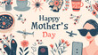 © Oliver Evans Studio - happy mothers day background with a set of illustration elements icons for a modern mom, travel, planes, sunglasses bag steaming coffee, flowers, mobile, phone, love, card banner, light cream backdrop