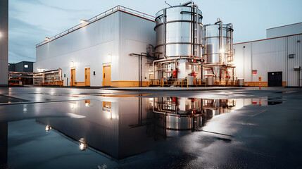 industrial facility at dusk, with shiny storage tanks and wet pavement reflecting the lights of the building and the evening sky