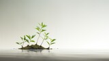 Fototapeta Sypialnia -  a group of green plants growing out of a small island in the middle of a body of water with a white sky in the background.