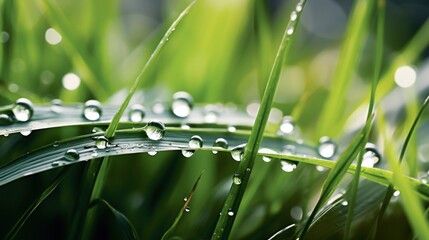 Wall Mural - a close up of a grass with water drops on the blades of the grass in the foreground and a blurry bac