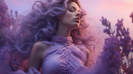 Sticker -  a digital painting of a woman in a lavender field with her eyes closed and her hair blowing in the wind.