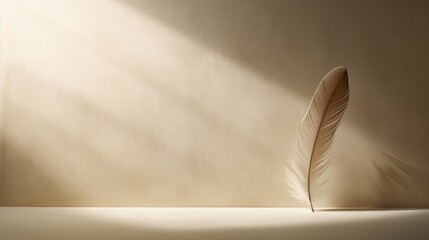 Sticker -  a feather quill sitting on top of a table next to a shadow of a light shining on the wall.