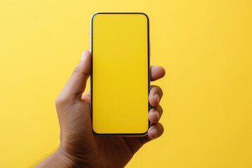 Man holding smartphone with blank screen on yellow background. Closeup of hand with cell phone. Mockup phone screen